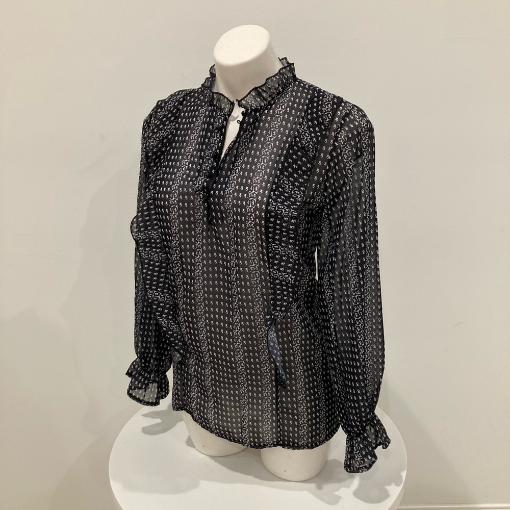 Ladies long sleeve v neck ruffle button down blouse puff sleeves S